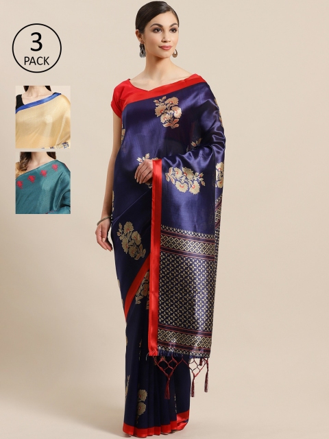 

KALINI Pack of 3 Printed Art Silk Saree, Navy blue