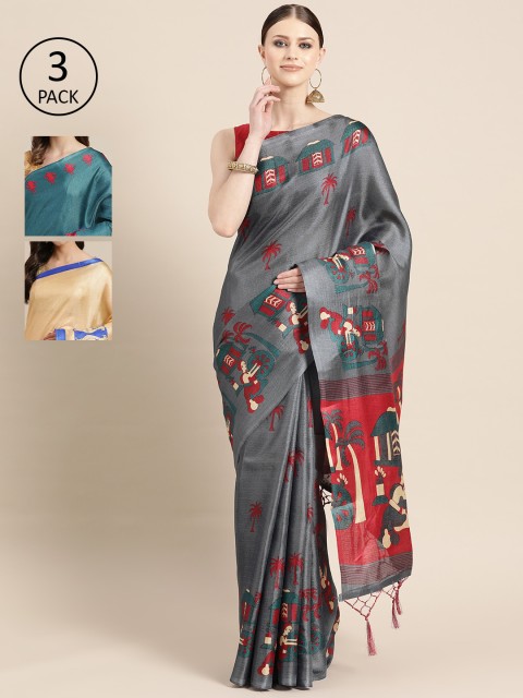 

KALINI Pack of 3 Printed Art Silk Saree, Charcoal