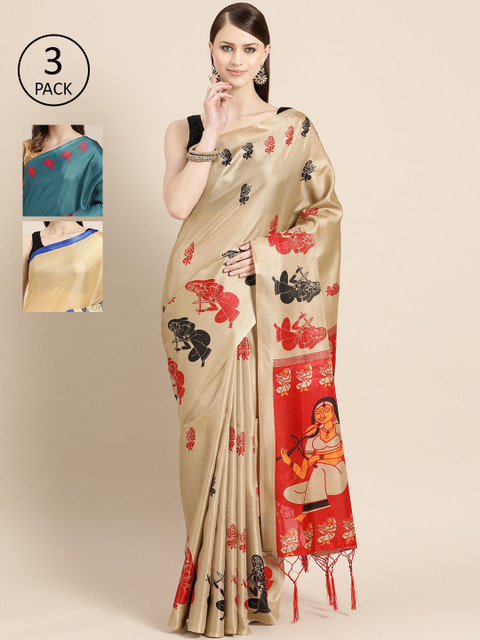 

KALINI Pack of 3 Printed Art Silk Saree, Beige