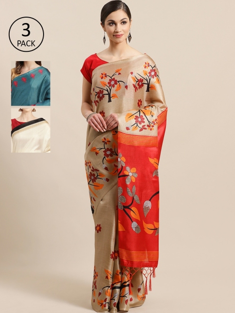 

KALINI Pack of 3 Printed Art Silk Saree, Beige