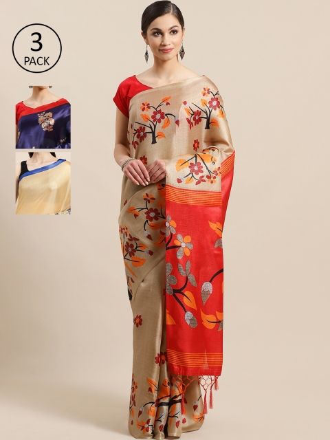 

KALINI Pack of 3 Printed Sarees, Beige