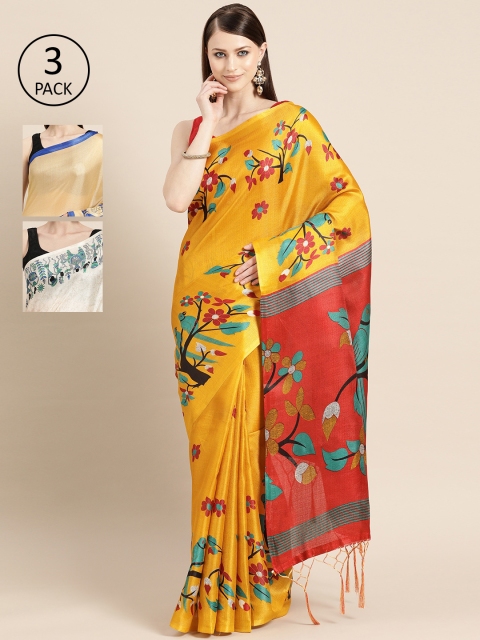 

KALINI Pack of 3 Printed Sarees, Yellow