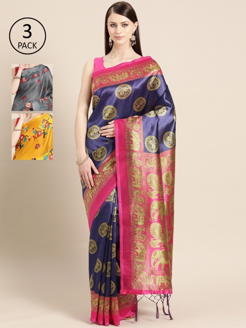 

KALINI Pack of 3 Printed Sarees, Navy blue