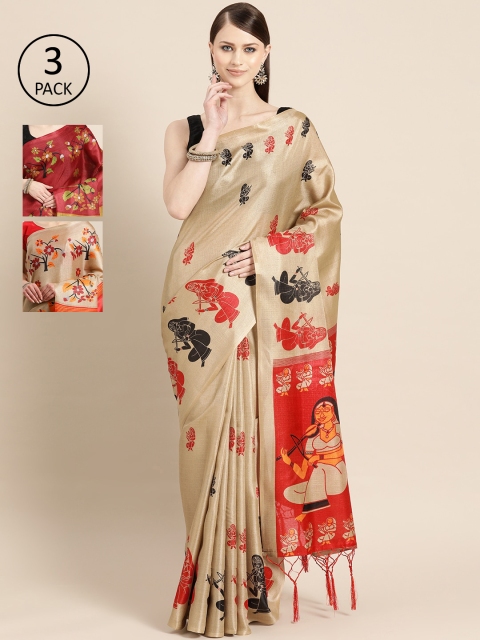 

KALINI Pack of 3 Printed Art Silk Saree, Beige