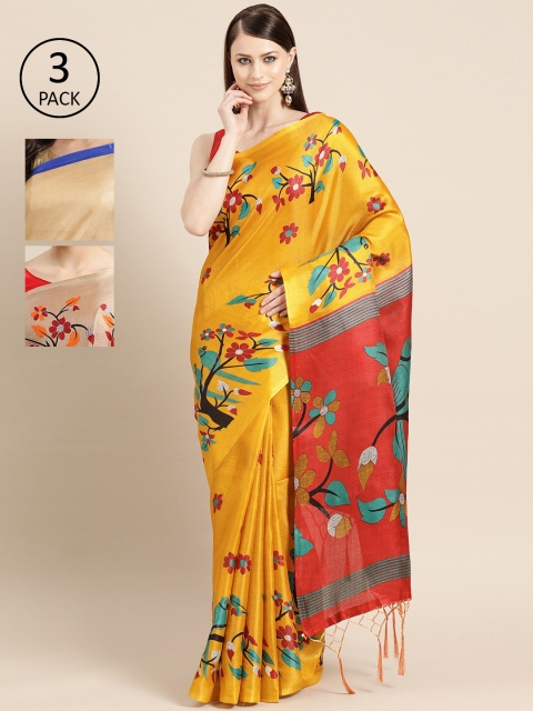 

KALINI Pack of 3 Printed Art Silk Saree, Yellow
