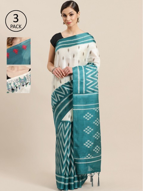 

KALINI Pack of 3 Printed Sarees, White