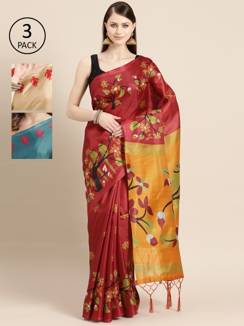 

KALINI Pack of 3 Printed Art Silk Saree, Maroon
