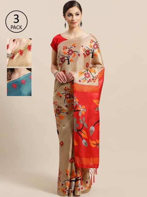 

KALINI Pack of 3 Printed Sarees, Beige