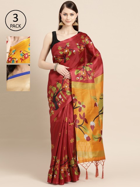 

KALINI Pack of 3 Art Silk Printed Saree, Maroon