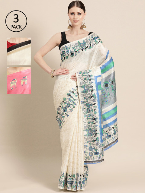 

KALINI Pack of 3 Printed Sarees, Cream