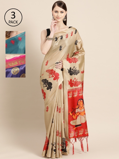 

KALINI Pack of 3 Art Silk Printed Saree, Beige