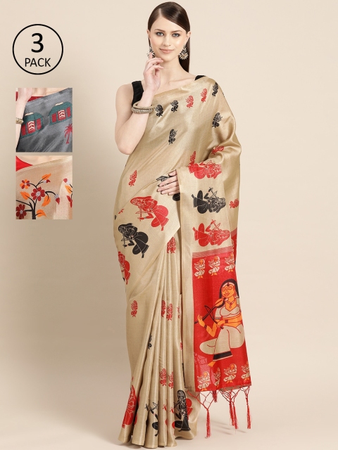 

KALINI Pack of 3 Printed Art Silk Saree, Beige