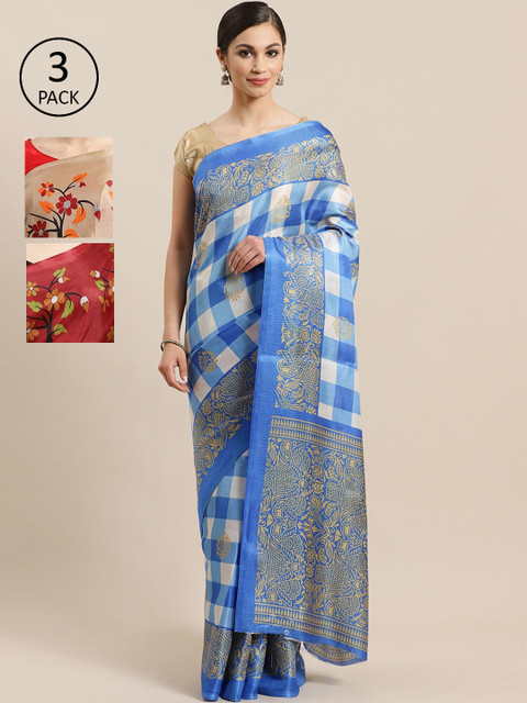 

KALINI Pack of 3 Printed Sarees, Blue