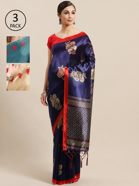 

KALINI Pack of 3 Printed Sarees, Navy blue