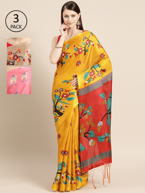 

KALINI Pack of 3 Art Silk Printed Saree, Yellow