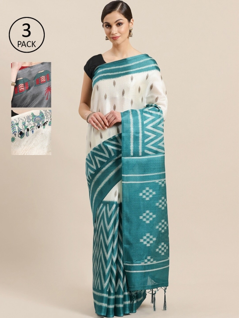 

KALINI Pack of 3 Printed Sarees, White
