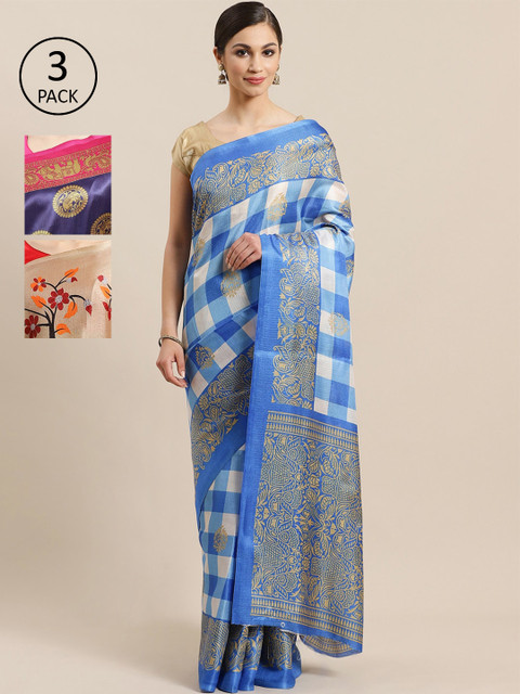 

KALINI Pack of 3 Printed Sarees, Blue