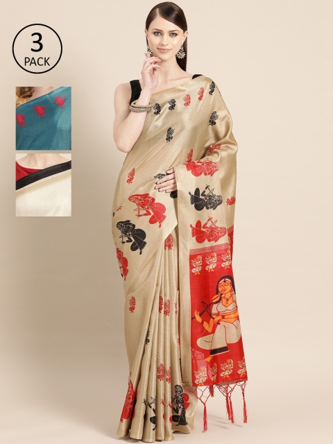 

KALINI Pack of 3 Art Silk Printed Saree, Beige