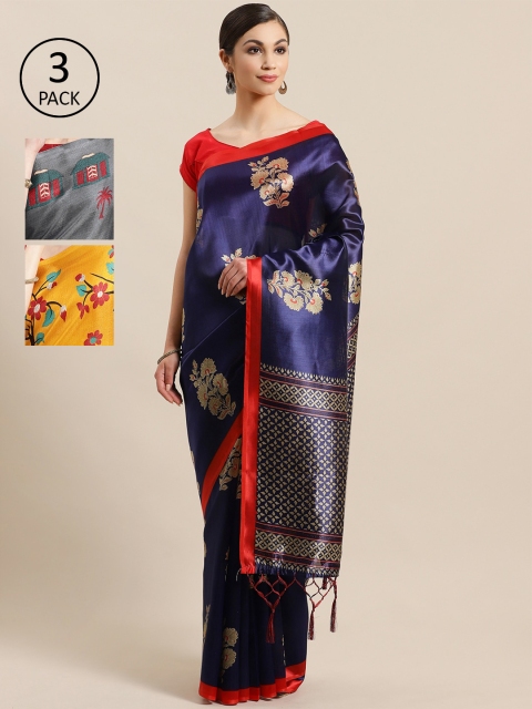 

KALINI Pack of 3 Printed Sarees, Navy blue