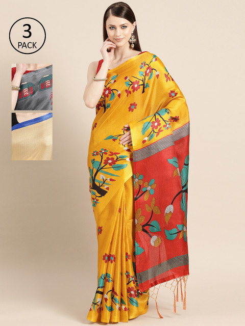 

KALINI Pack of 3 Art Silk Printed Saree, Yellow