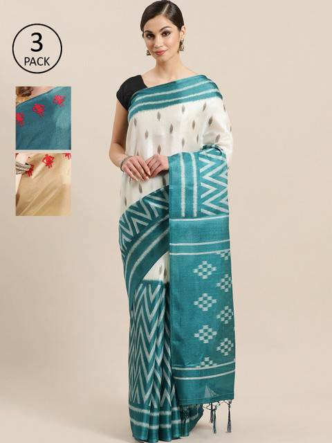

KALINI Pack of 3 Printed Art Silk Saree, White