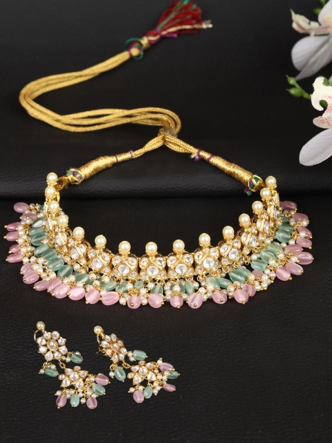 

Priyaasi Green & Pink Gold-Plated Stone-Studded & Beaded Handcrafted Jewellery Set