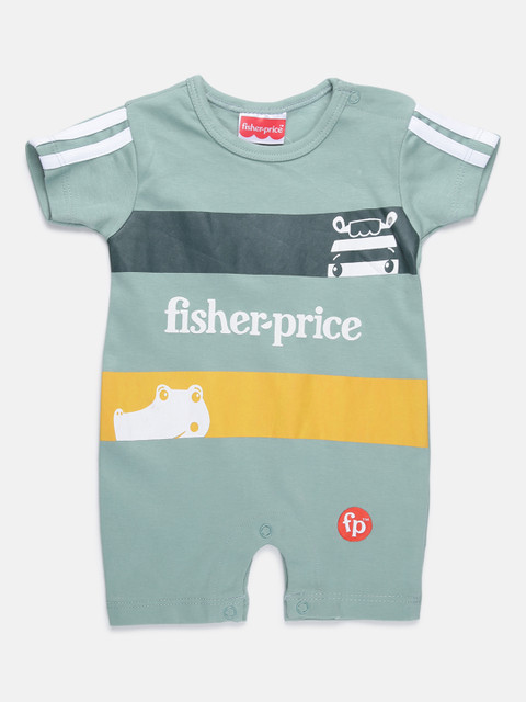 

Fisher Price X Moms Love Infant Boys Mint Green & Mustard Yellow Striped Pure Cotton Rompers