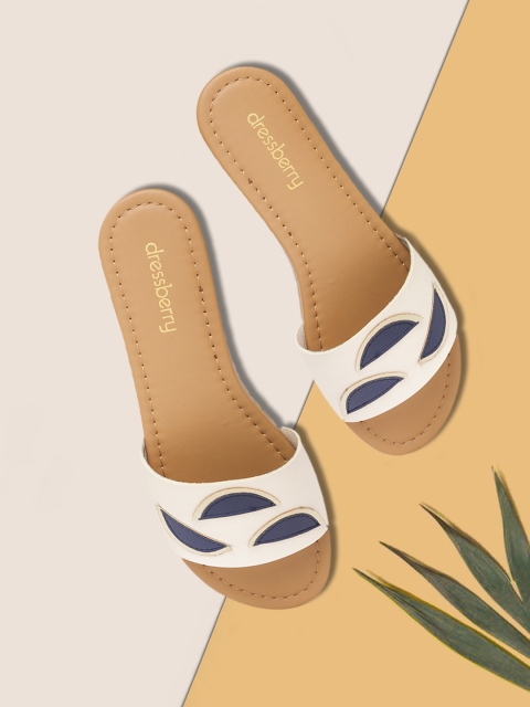 

DressBerry Women White & Navy Blue Semi Circle Applique Open Toe Flats