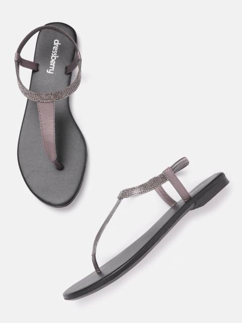 

DressBerry Women Gunmetal-Toned Embellished Detail T-Strap Flats, Metallic