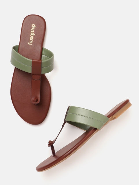 

DressBerry Women Olive Green & Brown Colourblocked T-Strap Flats