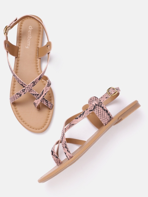 

DressBerry Women Nude-Coloured & Black Snakeskin Textured Strappy One Toe Flats