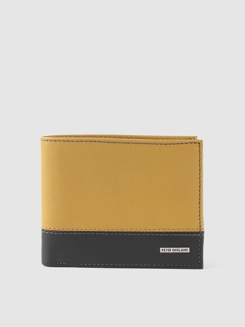 

Peter England Men Yellow & Black Colourblocked Textured Leather Two Fold Wallet
