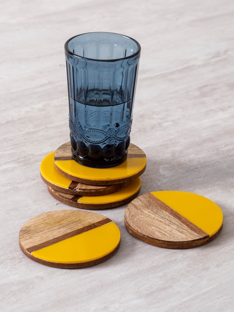 

nestroots Set of 4 Mustard Yellow & Brown Resin & Wood Coasters