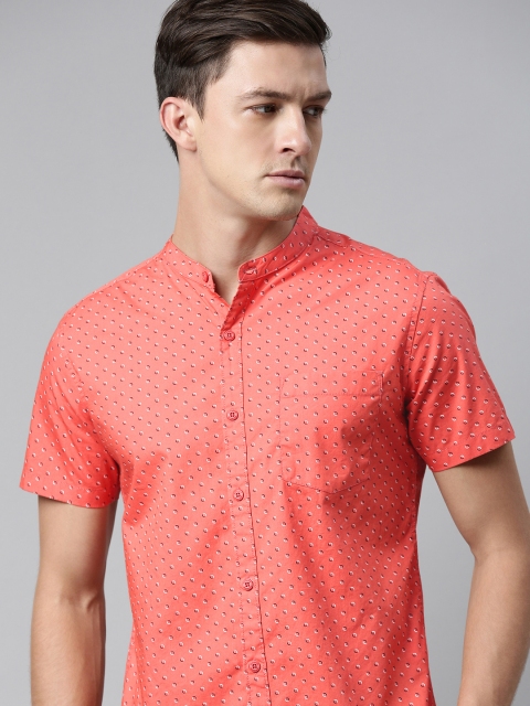 

HERE&NOW Men Coral Orange Slim Fit Micro Printed Casual Shirt