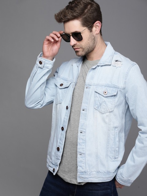 

WROGN Men Blue Washed Distressed Pure Cotton Denim Jacket