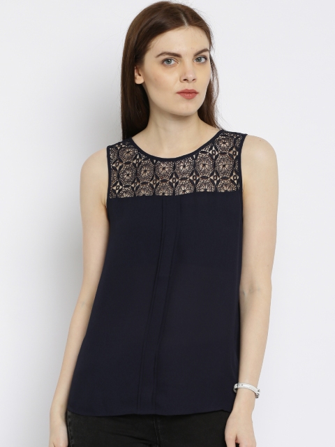 

ONLY Women Navy Blue Solid Regular Top with Lace Detail