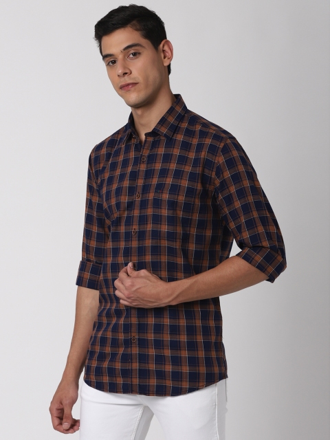 

Peter England Casuals Men Navy Blue & Brown Slim Fit Checked Pure Cotton Casual Shirt