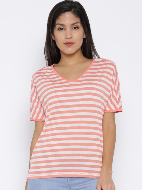 

ONLY Peach-Coloured & Off-White Striped T-shirt