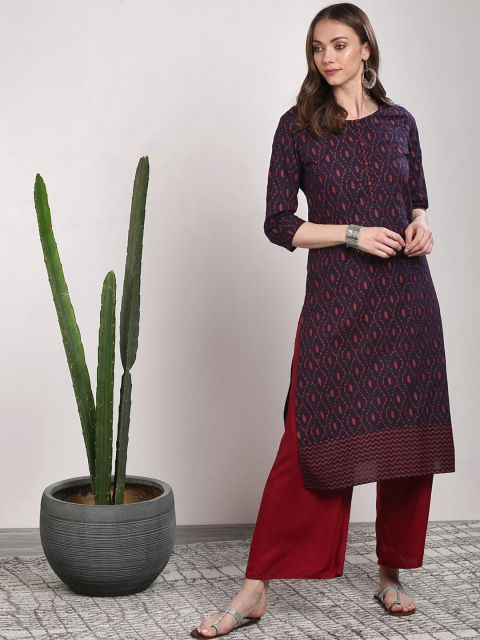 

Sangria Women Navy Blue & Maroon Geometric Printed Straight Kurta