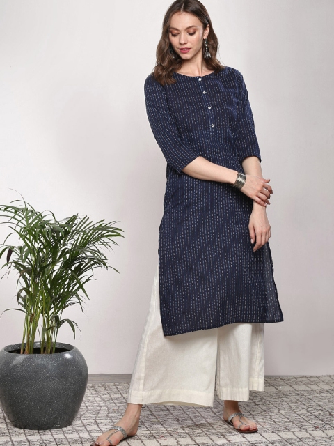 

Sangria Women Navy Blue & White Striped Straight Kurta
