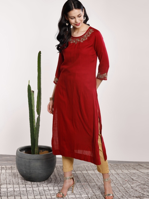 

Sangria Women Red Embroidered Detail Straight Kurta