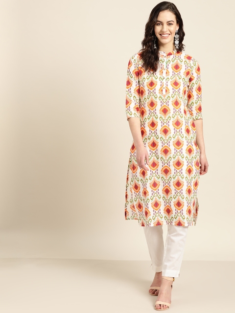 

Sangria Women Off-White & Orange Printed Straight Kurta
