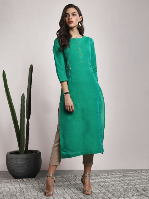 

Sangria Turquoise Blue Solid Round Neck Straight Fit Kurta With 3/4Th Sleeves