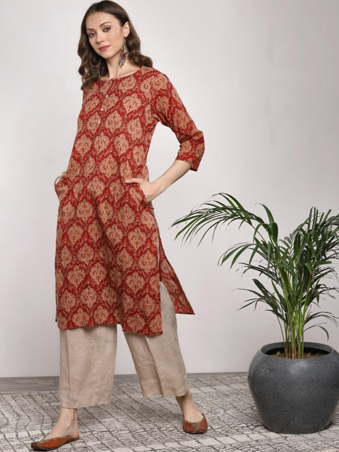 

Sangria Women Rust Orange & Beige Ethnic Print Straight Kurta