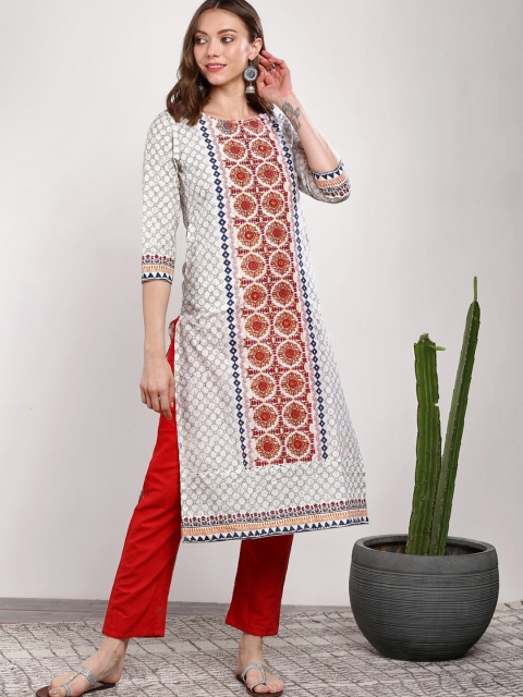 

Sangria Women Off-White & Red Printed Straight Kurta