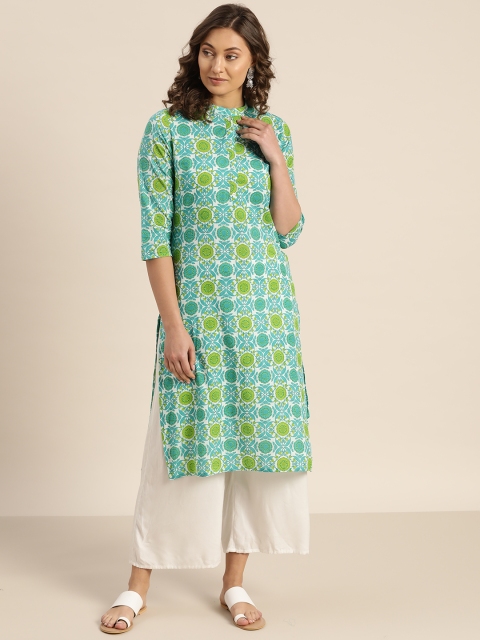 

Sangria Women Blue & Green Printed Straight Kurta