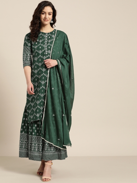

Sangria Women Green & Off-White Printed Kurta with Palazzos & Dupatta