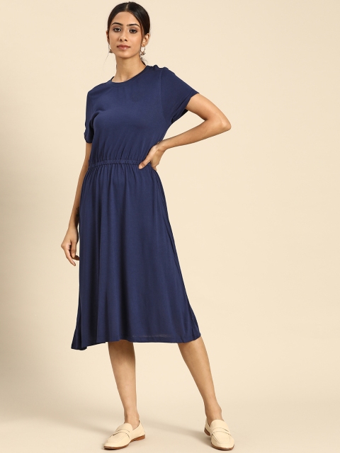 

all about you Navy Blue Solid Gathered Drop-Waist Midi Dress