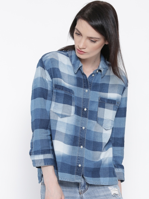 

ONLY Women Blue Boxy Fit Checked Chambray Shirt