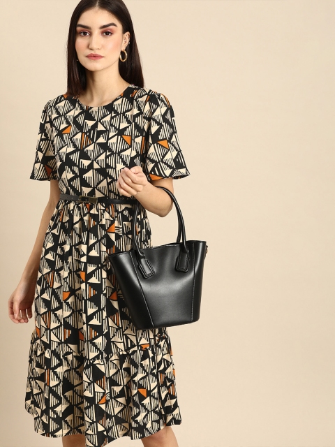 

all about you Women Black & Cream-Coloured Printed Round Neck A-Line Dress